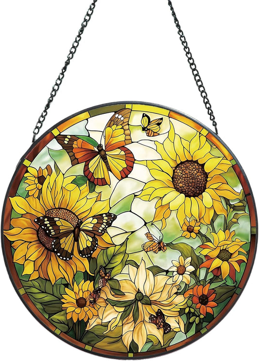 Suncatcher Stained Glass Window Hanging - Sunflower Glass Panel with Metal Chain and Hooks Handmade
