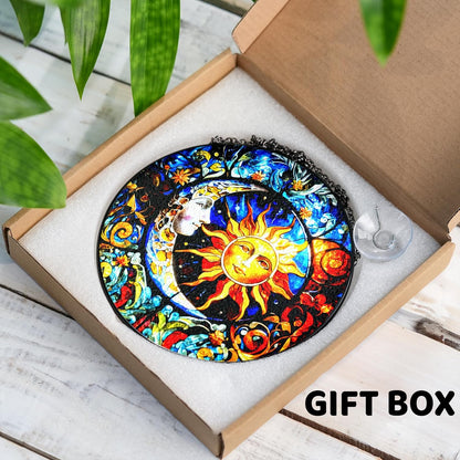 7.8" Sun & Moon Stained Glass Decor, Window Suncatcher Hanging Decorations, Suncatcher Art Decor for Home Garden Housewarming, Sun Moon Gifts for Mom, Women, Family, Grandma, Friends ART-17E-SG8