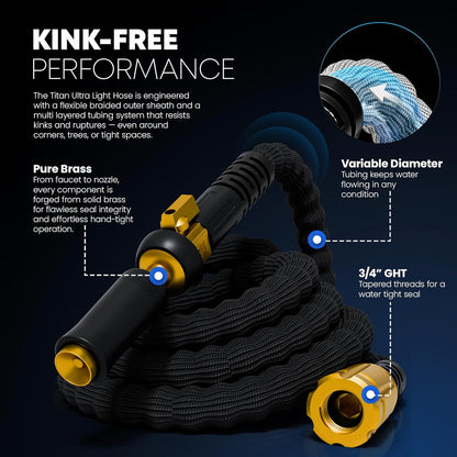 TITAN Flexible Garden Hose 10FT – Ultra Lightweight, Heavy Duty Water Hose with Brass Fittings & Jet Nozzle – Kink-Free, Non-Expanding, Durable Fabric Hose for Yard, Lawn, Car Wash, Outdoor Use