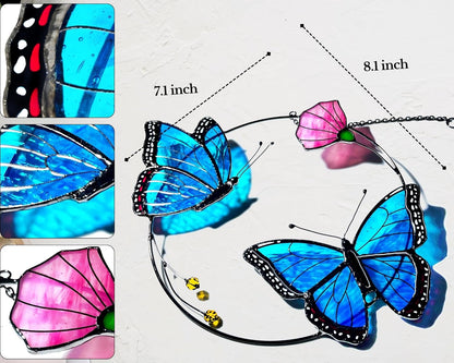2 Morpho Butterfly Stained Glass Window Hanging - Handmade Suncatcher Real Glass - Blue Menelaus Butterflies Light Catcher Elegant Gifts for Mother, Women, Grandma (Gifts-Box provided)