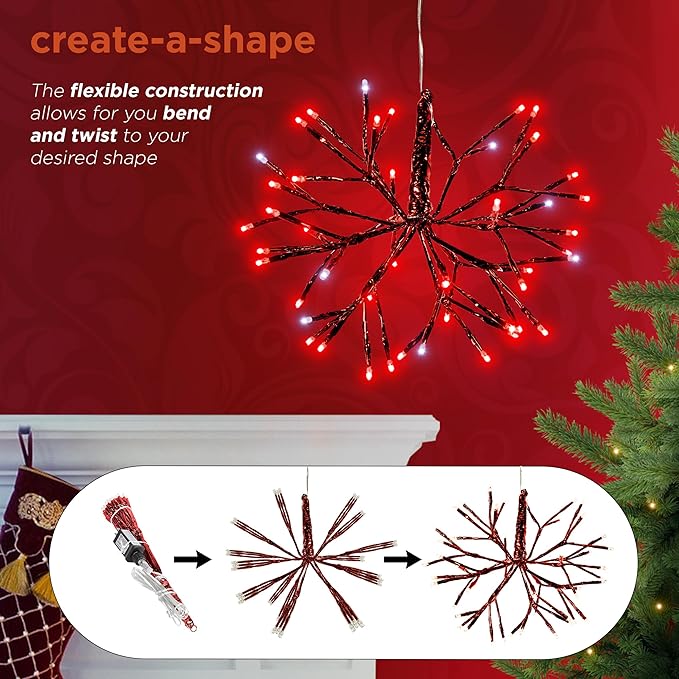 Alpine Corporation 10" H Indoor Christmas Twig 3D Hanging Snowflake Ornament with LED Lights, Red, Christmas Decoration
