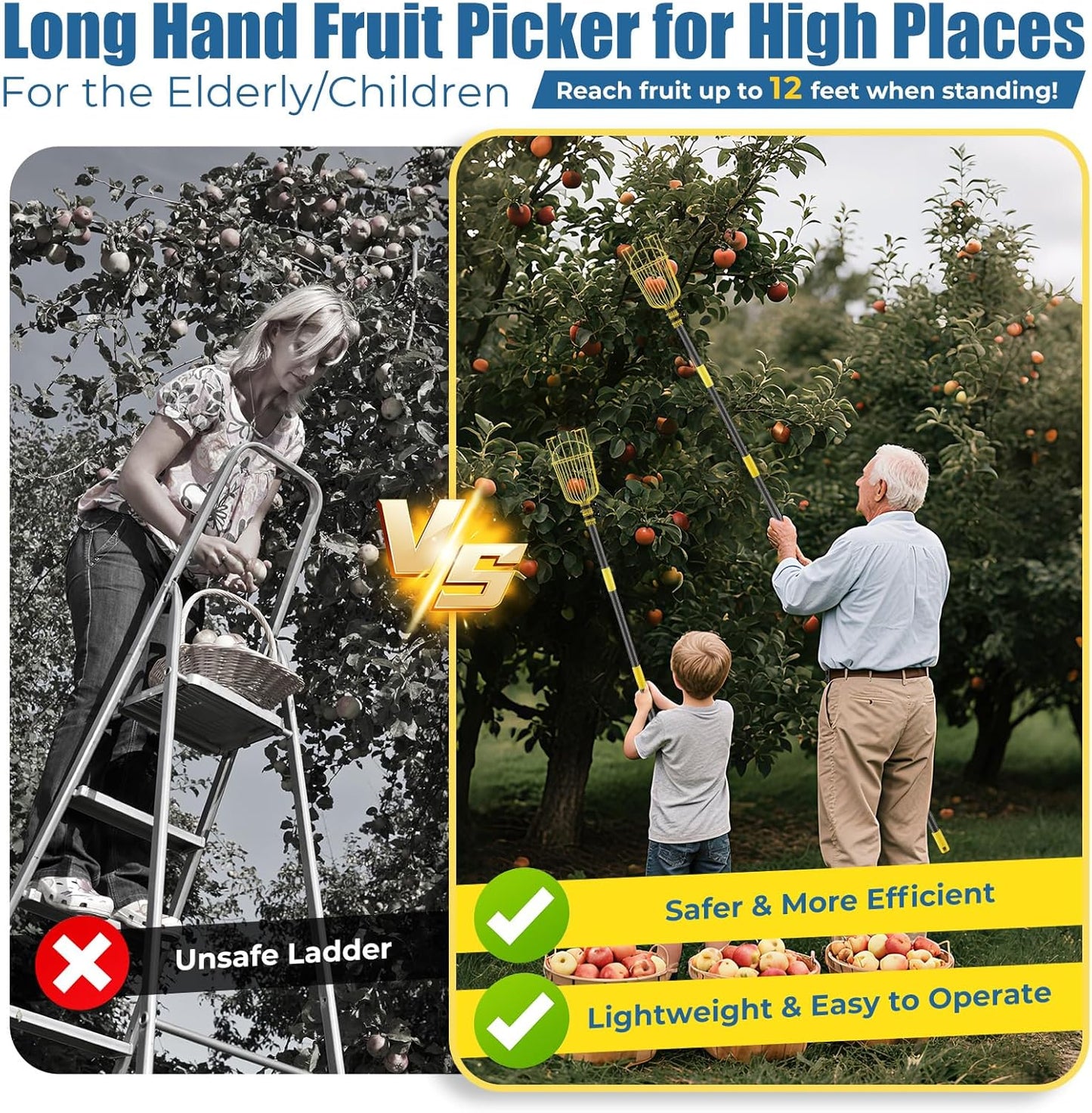 Fruit Picker Pole Tool – Ladder-Free Harvesting Aid, Safe for Elderly and Children, Durable Stainless Steel Design – Adjustable Long Pole Picker for Apples, Avocados, Oranges, Grapefruit, Plums, Pear