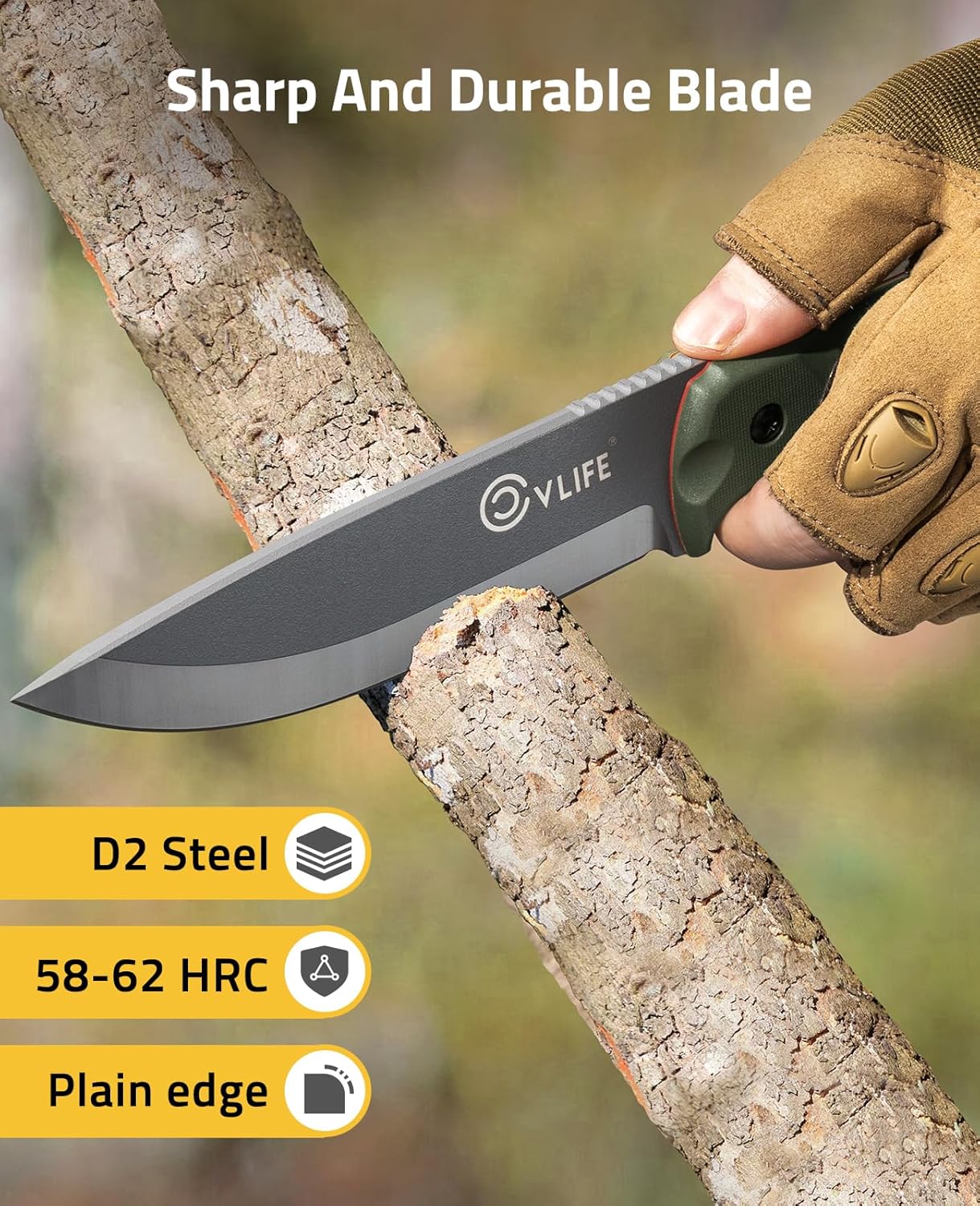 CVLIFE Full Tang Fixed Blade Knife with Sheath,Sharp Blade Made of D2 Steel with Nylon Fiberglass Handle,Survival Knife for Men Outdoor Hunting Camping and EDC Bushcraft,Green