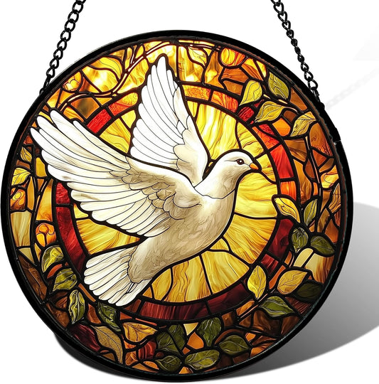 Stained Glass Window Hanging, Flying White Dove Sun Catchers Diamond Glass Panel Hangings Cute