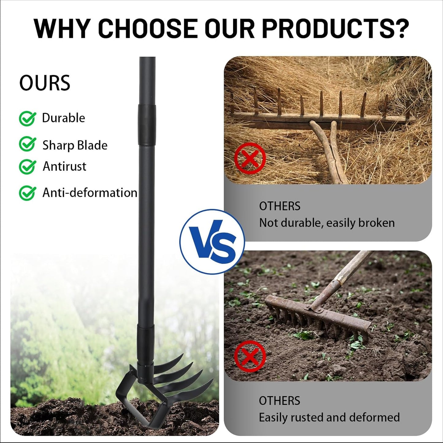 Garden Hoe Stirrup Hoe Weeding Tools, 2-in-1 Garden Hoe for Weeding with 62.6" Adjustable Handle, Heavy Duty Gardening Tools with 4 Tines for Weeding, Loosening, Digging and Cultivation
