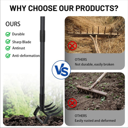 Garden Hoe Stirrup Hoe Weeding Tools, 2-in-1 Garden Hoe for Weeding with 62.6" Adjustable Handle, Heavy Duty Gardening Tools with 4 Tines for Weeding, Loosening, Digging and Cultivation