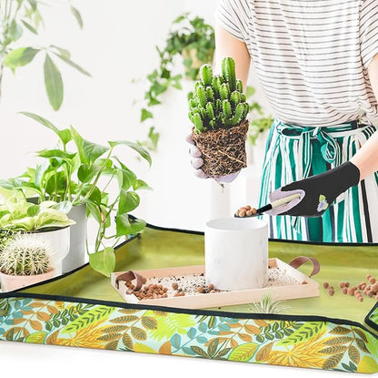 Repotting Mat for Indoor Plants, Foldable Waterproof Plant Potting Soil Tray with 13 Pcs Garden Transplanting Succulent Tools and 30 Pack Mesh Pads for Outdoor Care, Green