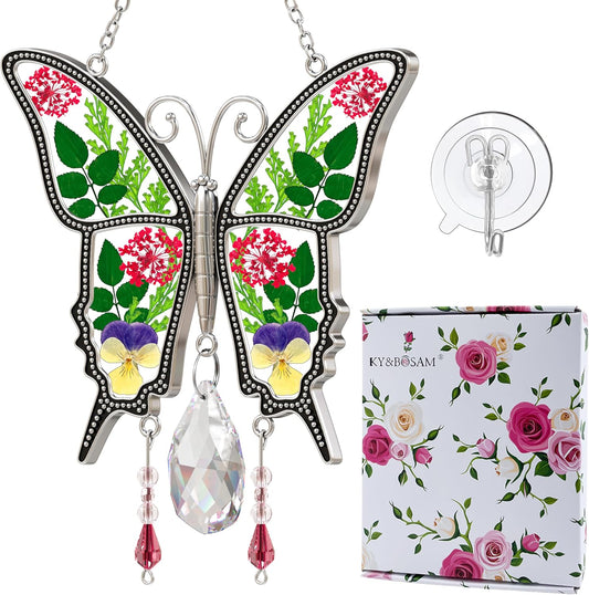 KY&BOSAM Butterfly Suncatcher for Windows Stained Glass Crystal Wind Chimes with Metal Charms