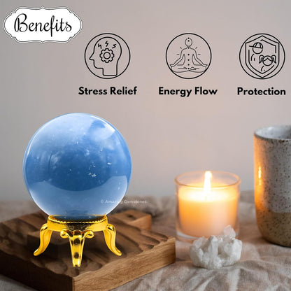 Amazing Gemstone Angelite Crystal Ball with Stand - 2" Inches Crystal Sphere Meditation Balls for Witchcraft and Decorative Balls