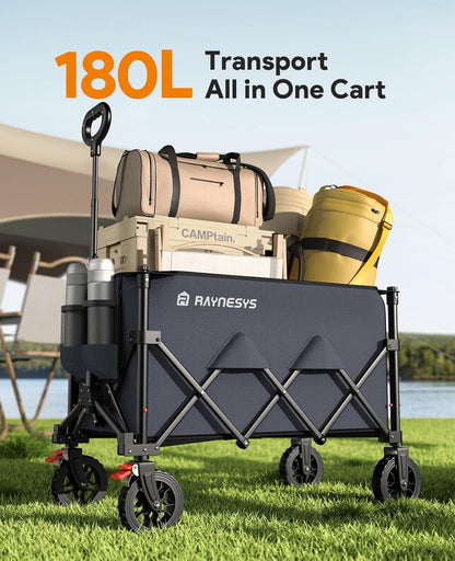 Wagons Carts Foldable, Collapsible Foldable Wagon 330lbs Capacity, 180L Large Capacity Wagon with All-Terrain Wheels,Heavy Duty Utility Wagon Cart with Brakes for Beach Camping Shopping, Grey