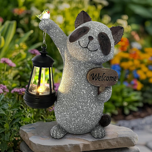 Raccoon Garden Statue with Solar Lantern, Cute Raccoon Figurine Light with Welcome Sign and Bird for Outdoor Patio Balcony Yard, Unique Resin Statue for Mom Grandma Women