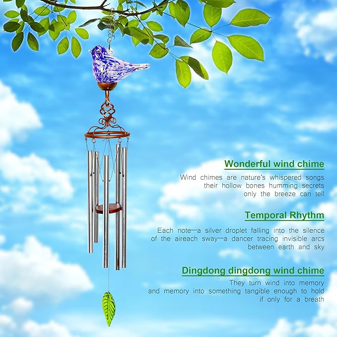Wind Chimes, Solar Glass Bird Shape, LED, Outdoor Lawn and Patio Glass and Metal Decoration, 7 x 4 x 44 Inches (Dark Blue)