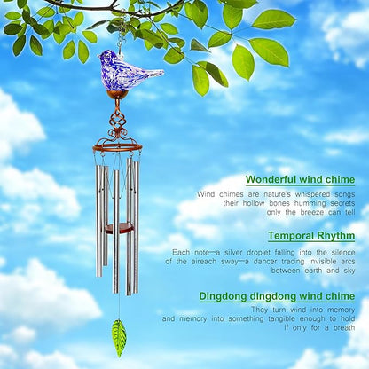 Wind Chimes, Solar Glass Bird Shape, LED, Outdoor Lawn and Patio Glass and Metal Decoration, 7 x 4 x 44 Inches (Dark Blue)