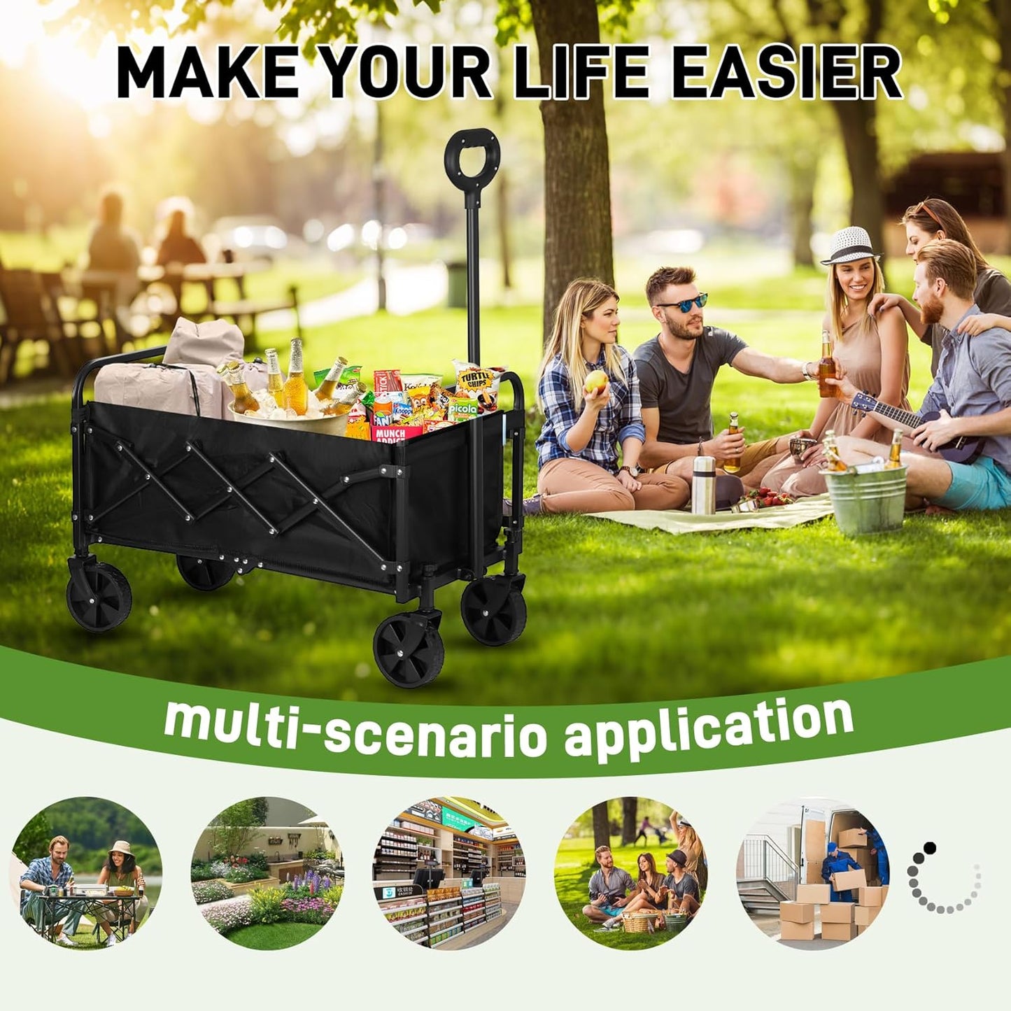 Catart Collapsible Folding Utility Wagon, 110L Large Capacity Portable Cart with Wheels, Lightweight Foldable Wagon for Camping, Gardening, Sports, Grocery Shopping, and Everyday Outdoor Use, Black