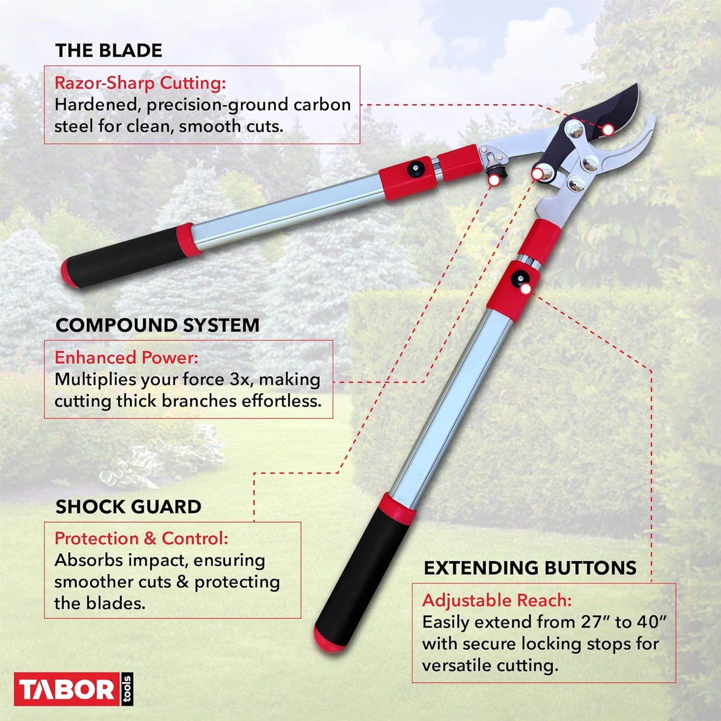 TABOR TOOLS GG21A Extendable Bypass Lopper with Compound Action, 27-40 Inch Telescopic Tree Trimmer, Long Handled Branch Cutter with ⌀ 1 1/2 Inch Cut Capacity, Makes Clean Neat Cuts.