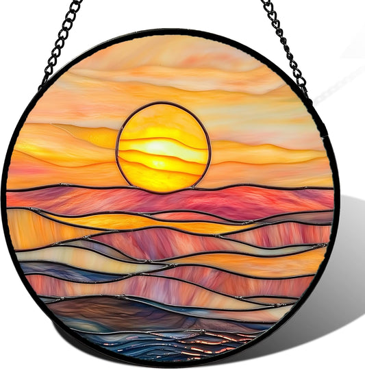 Stained Glass Window Hanging, Orange Sunrise Suncatcher Diamond Glass Panel Hangings Scenery Sun