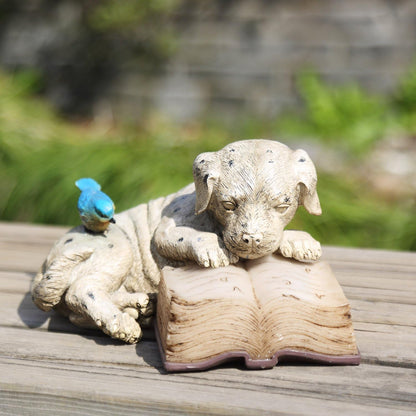 Topadorn Resin Dog Statue Solar Power Outdoor Statuary Cute Puppy for Garden Decoration, Dog Read a Book