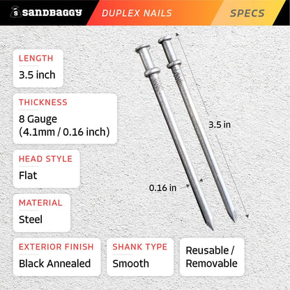 Sandbaggy 16d Duplex Nails (3.5" Long) - Temporary Construction, Concrete Forms, Scaffolding - 8 Gauge Steel - Smooth Shank, Flat Head - Removable/Reusable (6000)