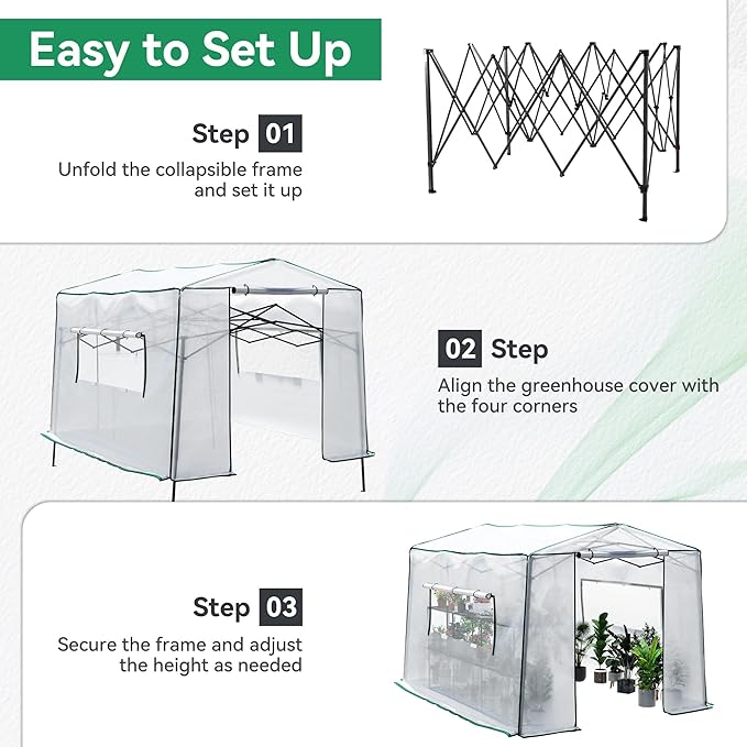 Joyside 12 x 8 FT Outdoor Pop up Greenhouse with Adjutable Reinforced Frame, Durable PE Cover and Mesh Windows, Portable Greenhouse for All Seasons, Easy Set Up (White, 12 x 8 FT)