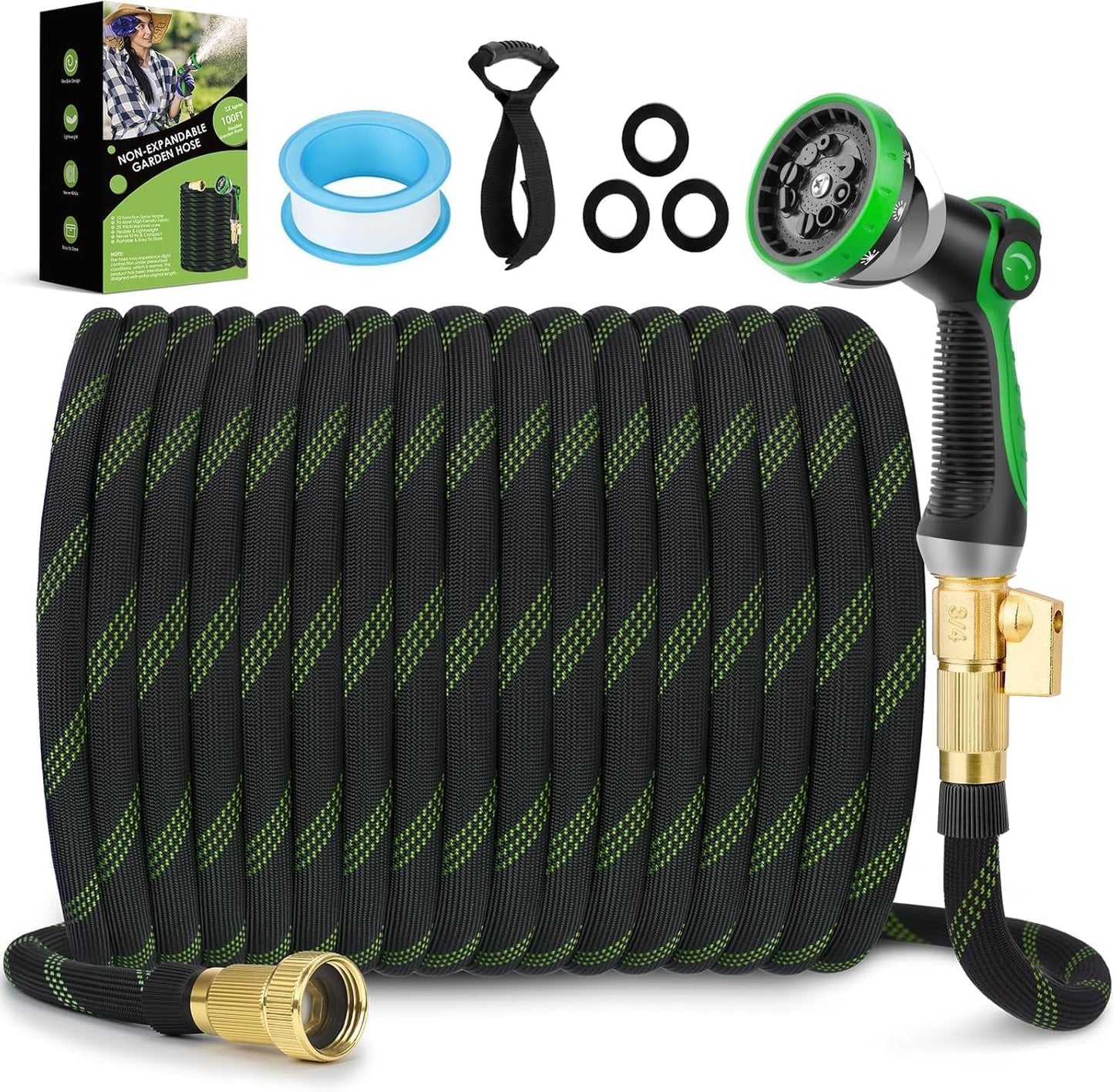 Non-Expandable Garden Hose 100 ft, Ultra Lightweight & Flexible Water Hose With 10-Pattern Spray Nozzle, Full Length Leak-Proof Design, High-Density Fabric & Shut-Off Valve, Hose Straps