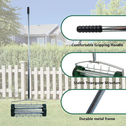 16-Inch Heavy Duty Rolling Lawn Aerator With Sharp Spikes & Anti-Slip Handle - Push Aerator for Garden, Yard - Manual Tool