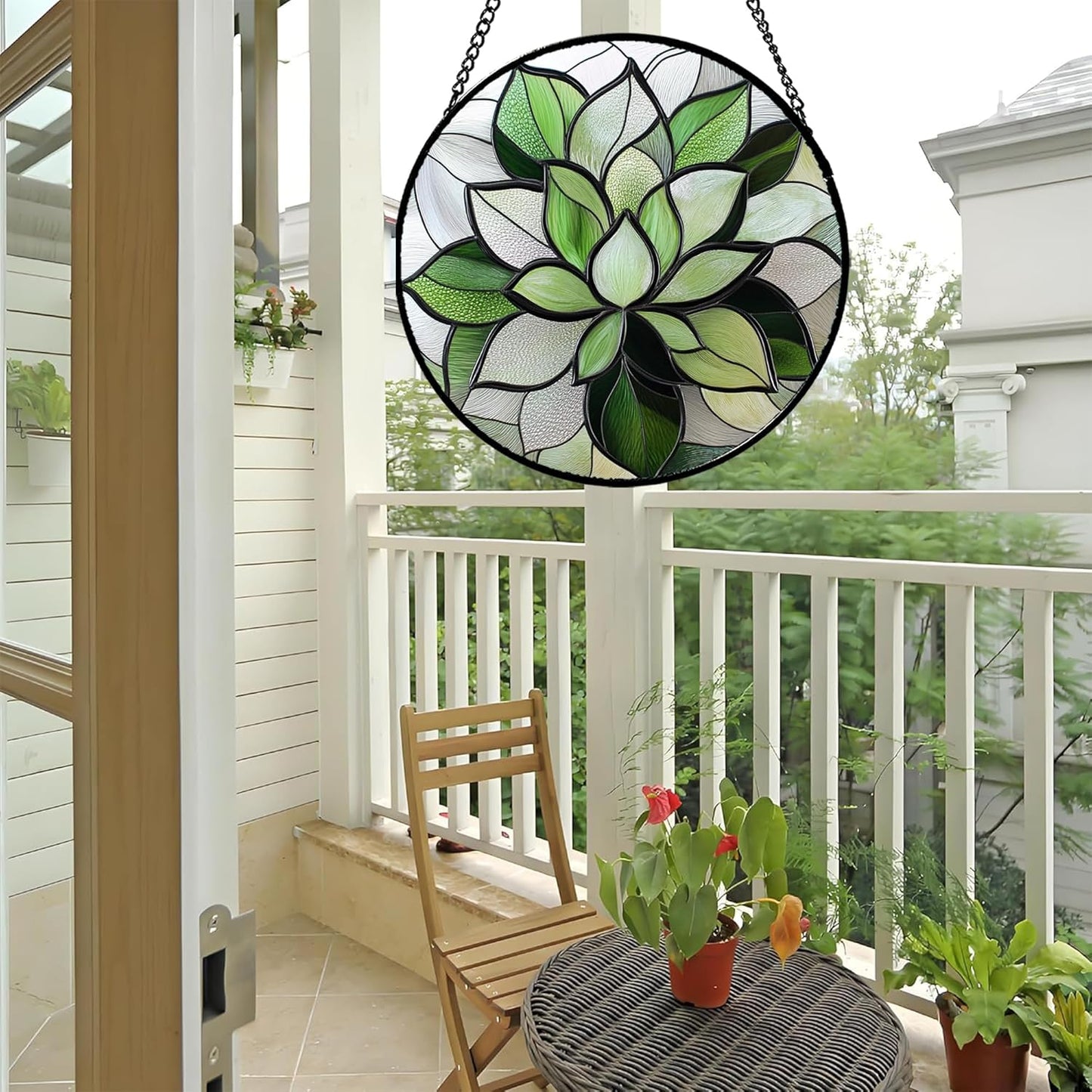 Stained Glass Window Hanging - Green Succulent Plants Suncatcher for Doors Garden Patio Floral Sun Catchers Decor Christmas Mother's Day Birthday Gifts for Women Men Mom Nana Friend 9.8 in