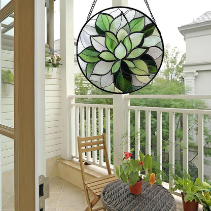Stained Glass Window Hanging - Green Succulent Plants Suncatcher for Doors Garden Patio Floral Sun Catchers Decor Christmas Mother's Day Birthday Gifts for Women Men Mom Nana Friend 15 in