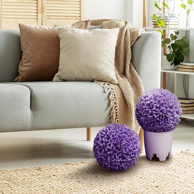 Goplus 11 Inch Topiary Balls Artificial Outdoor Set of 2, Faux Boxwood Ball, Fake Plant Sphere, Round Artificial Plant Balls for Front Door, Porch, Backyard, Balcony, Home Décor (Purple)