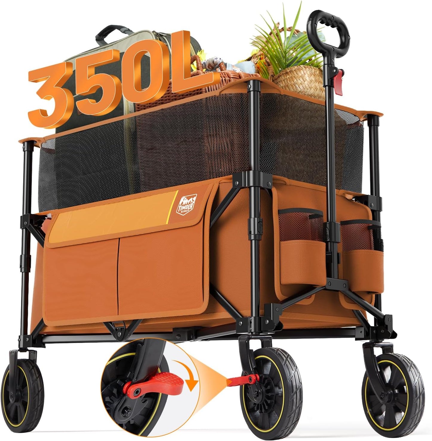 TIMBER RIDGE 350L Extra Large Collapsible Folding Wagon Carts with Brake, Heavy Duty Outdoor Camping Utility Wagons with Extended Height, Adjustable Handle, Cup Holders, Side Bag(Orange)