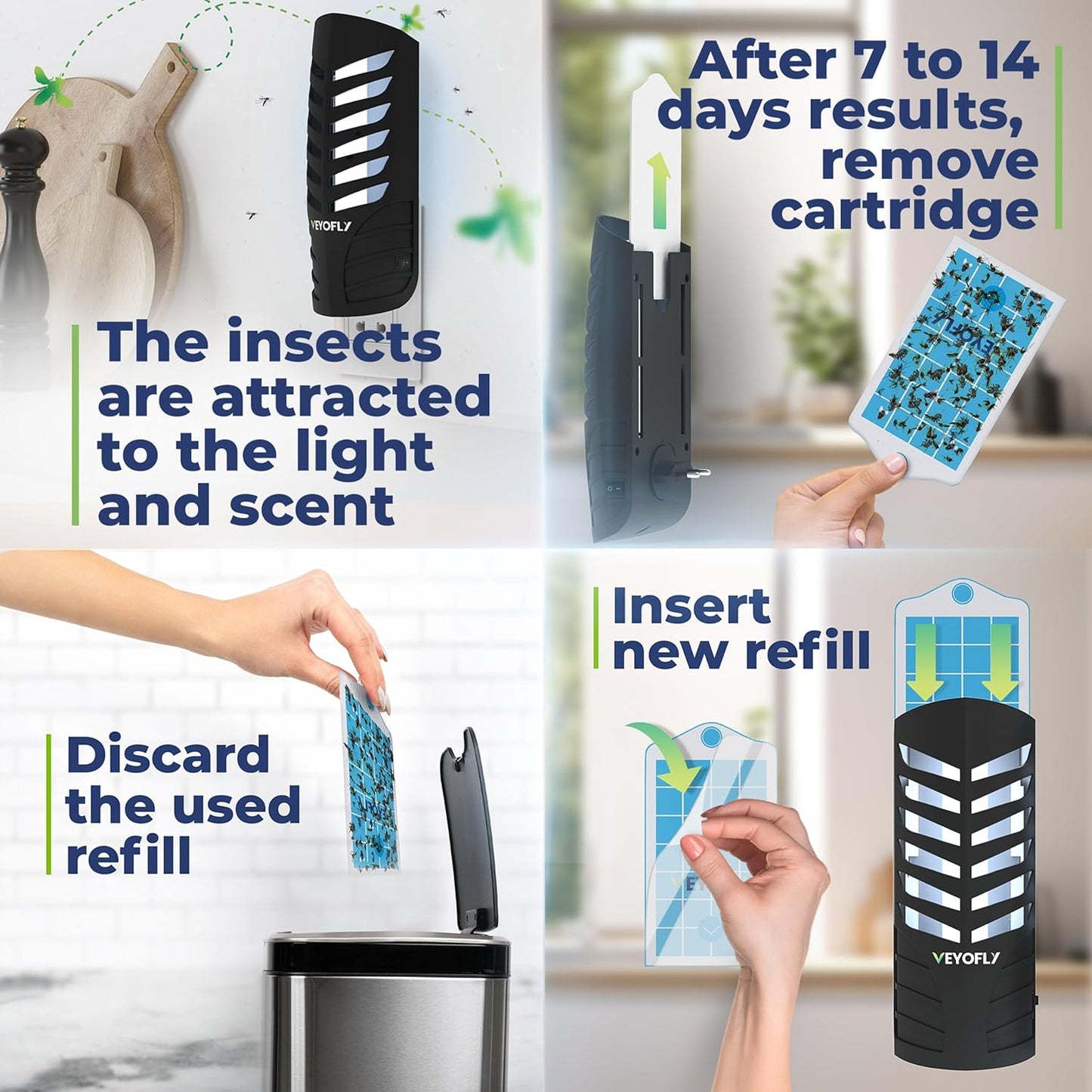 VEYOFLY Fruit Fly Traps for Indoors, Fly Trap Indoor, (2 Device + 6 Refills) Fly Catcher Indoor, Gnat Traps for House Indoor, Fly Trap, Plug in Light Flying Insect Trap, Bug Killer