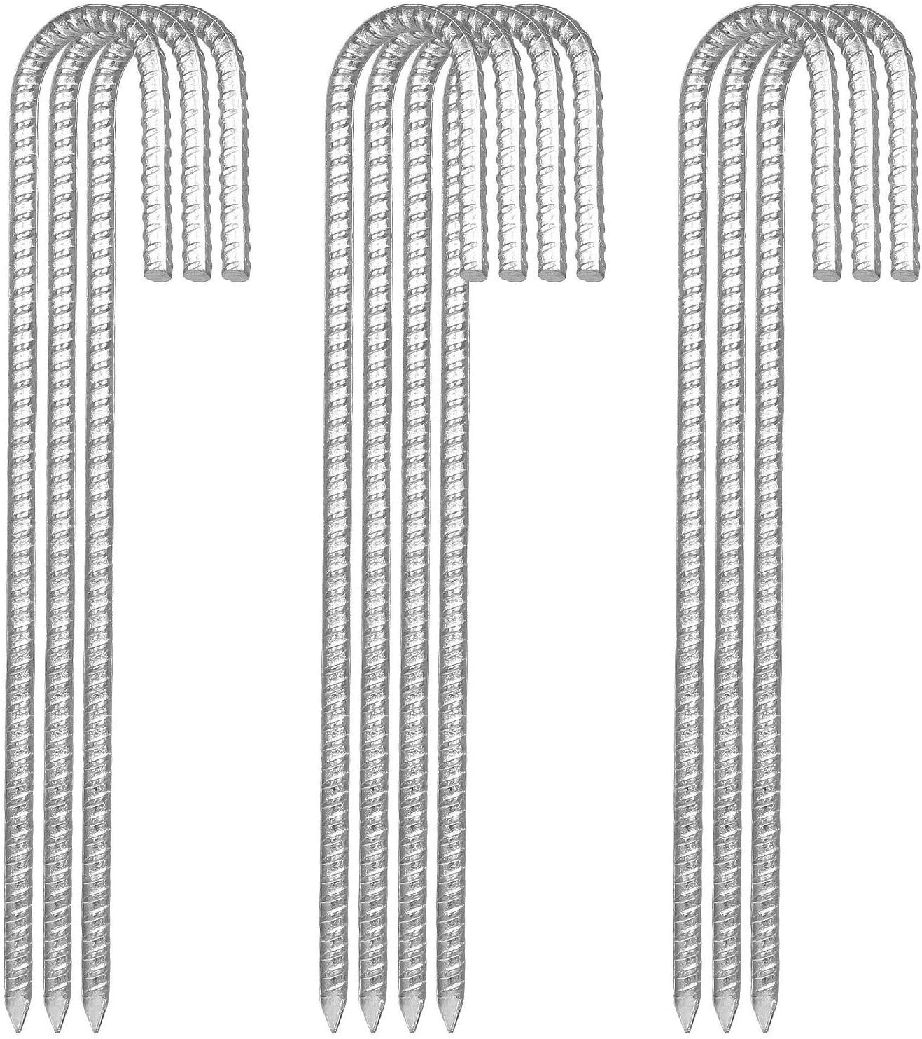 10Pack 12” Heavy Duty J Hook Ground Stakes, Galvanized Rebar Tent Stakes, Curved Steel Plant Support Garden Stake, Chisel Point End Stakes for Camping Tent, Swing Sets, Fence Stakes