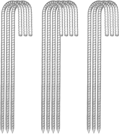 10Pack 12” Heavy Duty J Hook Ground Stakes, Galvanized Rebar Tent Stakes, Curved Steel Plant Support Garden Stake, Chisel Point End Stakes for Camping Tent, Swing Sets, Fence Stakes