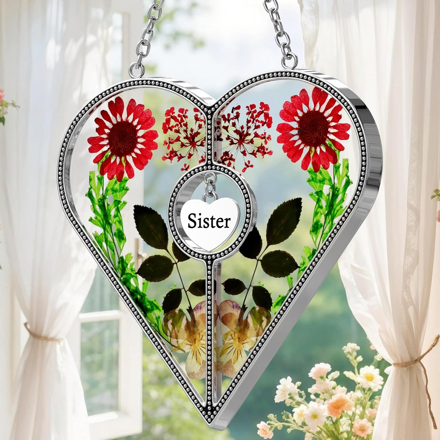KY&BOSAM Heart Suncatcher for Windsows Hangings Sister Gifts Stained Glass Wind Chime with Pressed Real Flower in Glass with Metal Sister Heart Charm Birthday Gift for Women Mothers Day Christmas
