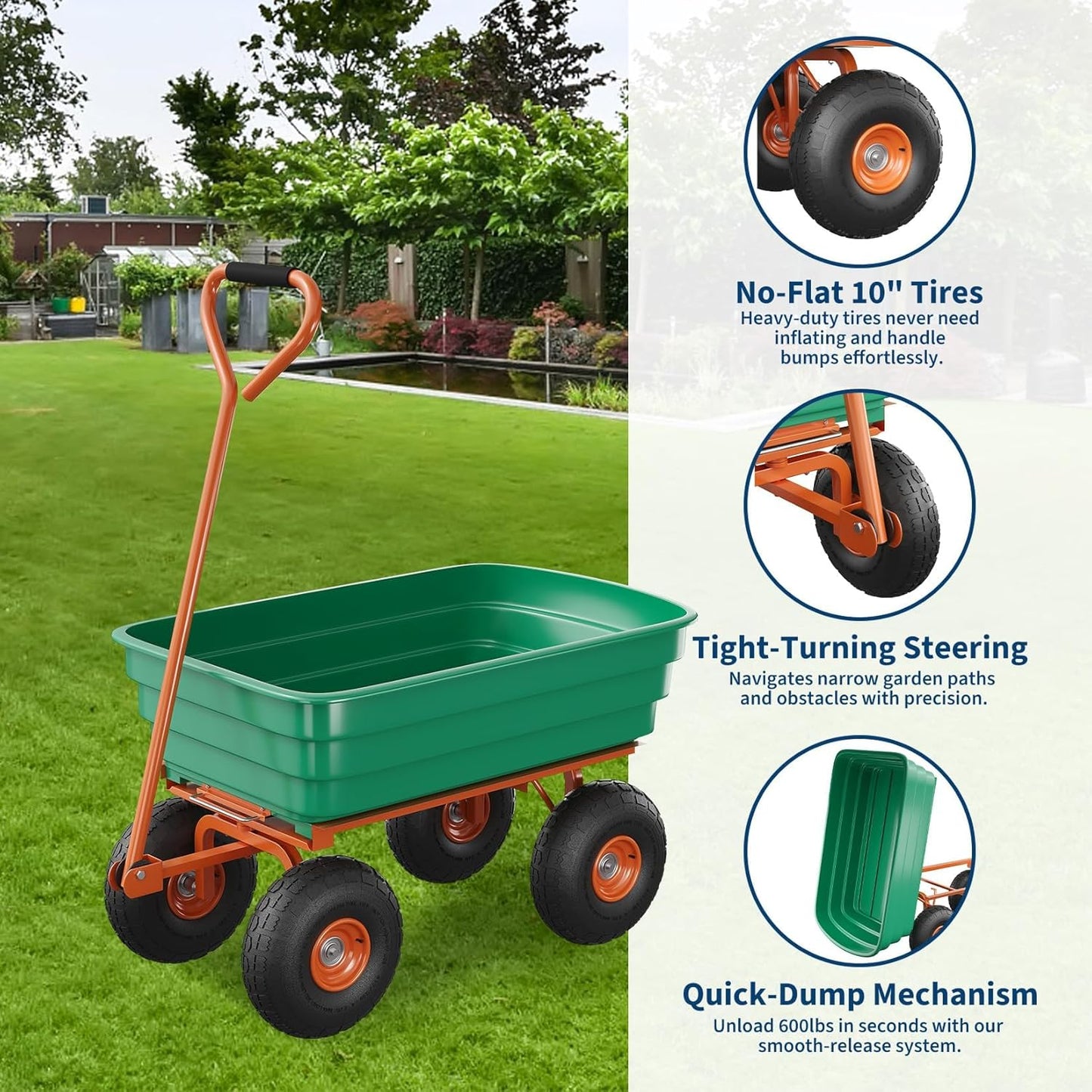 Garden Dump Cart - 600Lb Capacity Heavy Duty Yard Utility Garden Cart with Removable Dump Bed, All-Terrain Tires & 180° Adjustable Handle for Soil, Plants, Tools