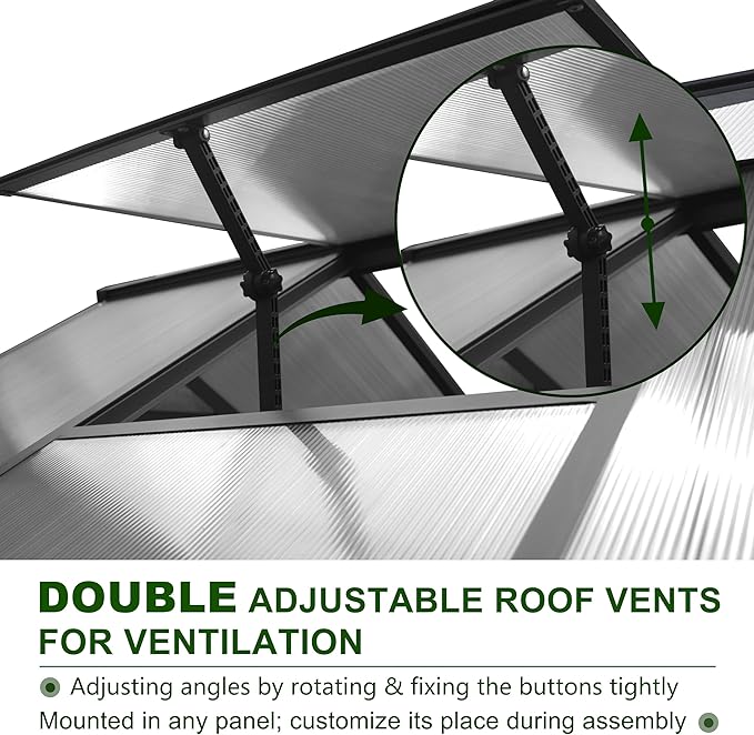 6x12 FT Polycarbonate Aluminum Greenhouse, Outdoor Walk-in Green House Kit with 2 Adjustable Roof Vents and Lockable Door, Backyard Garden in Winter, Gray