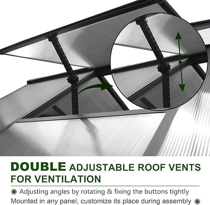 6x12 FT Polycarbonate Aluminum Greenhouse, Outdoor Walk-in Green House Kit with 2 Adjustable Roof Vents and Lockable Door, Backyard Garden in Winter, Gray