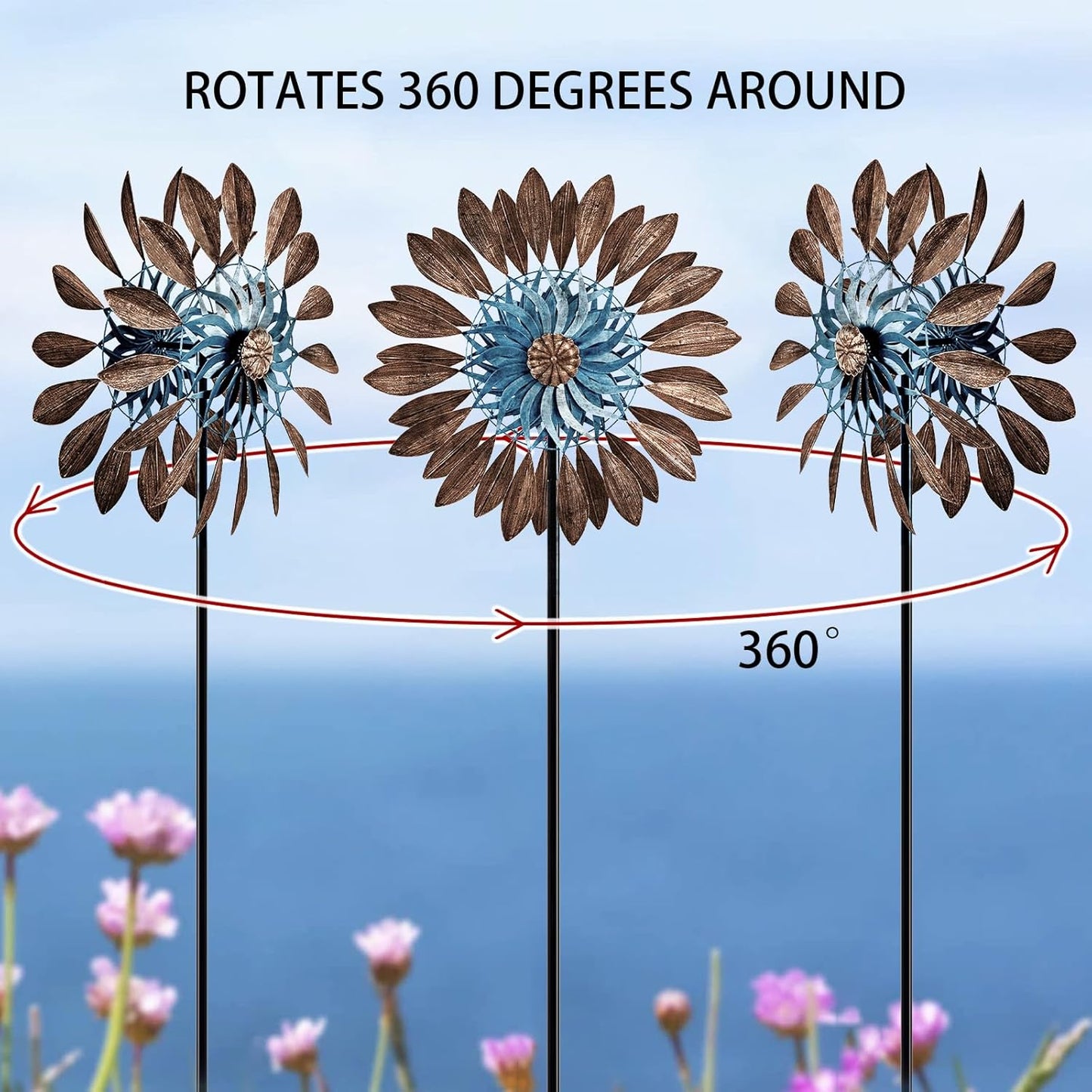 Wind Spinners 360°, Garden Outdoor Metal Windmill Yard Spinners Large 84 in Height 22 in Dia Dual Direction Dual Rotors Wind with Kinetic, Wind Spinner Clearance for Yard and Garden Art Decor(Copper)