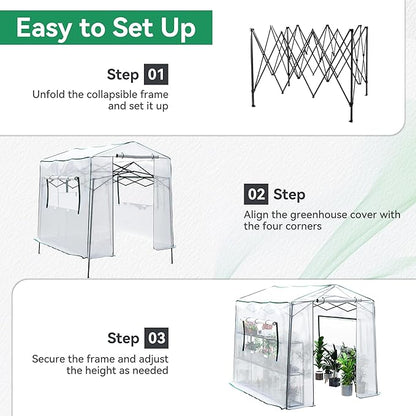 Joyside 8 x 6 FT Outdoor Pop up Greenhouse with Adjutable Reinforced Frame, Durable PE Cover and Mesh Windows, Portable Greenhouse for All Seasons, Easy Set Up (White, 8 x 6 FT)