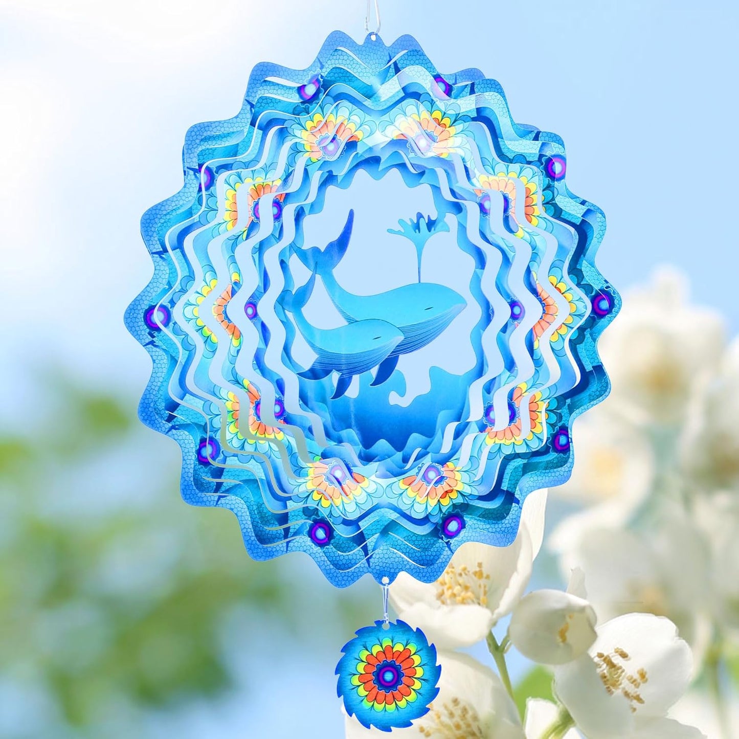 Whale Wind Spinners Garden Yard Decor Gift for Women Men, 12 Inch Outdoor Metal 3D Wind Spinner, Stainless Steel Hanging Wind Catchers Kinetic Sculpture for Outside Decoration