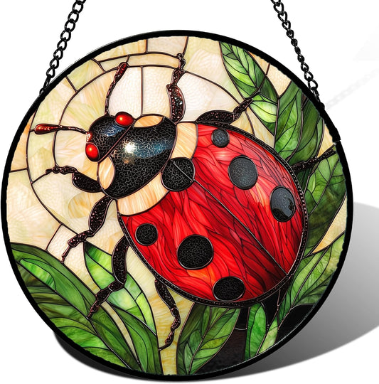 Stained Glass Window Hanging - Red Seven-Spotted Ladybug Sun Catcher for Door Home Decor Insect