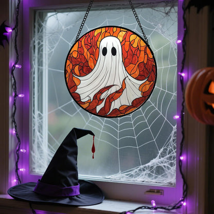 Stained Glass Window Hanging - Halloween Decorations White Ghost Orange Sky Suncatcher for Doors Garden Funny Spooky Sun Catchers Gothic Decor Horror Gifts for Women Men Friend Boy 15 in