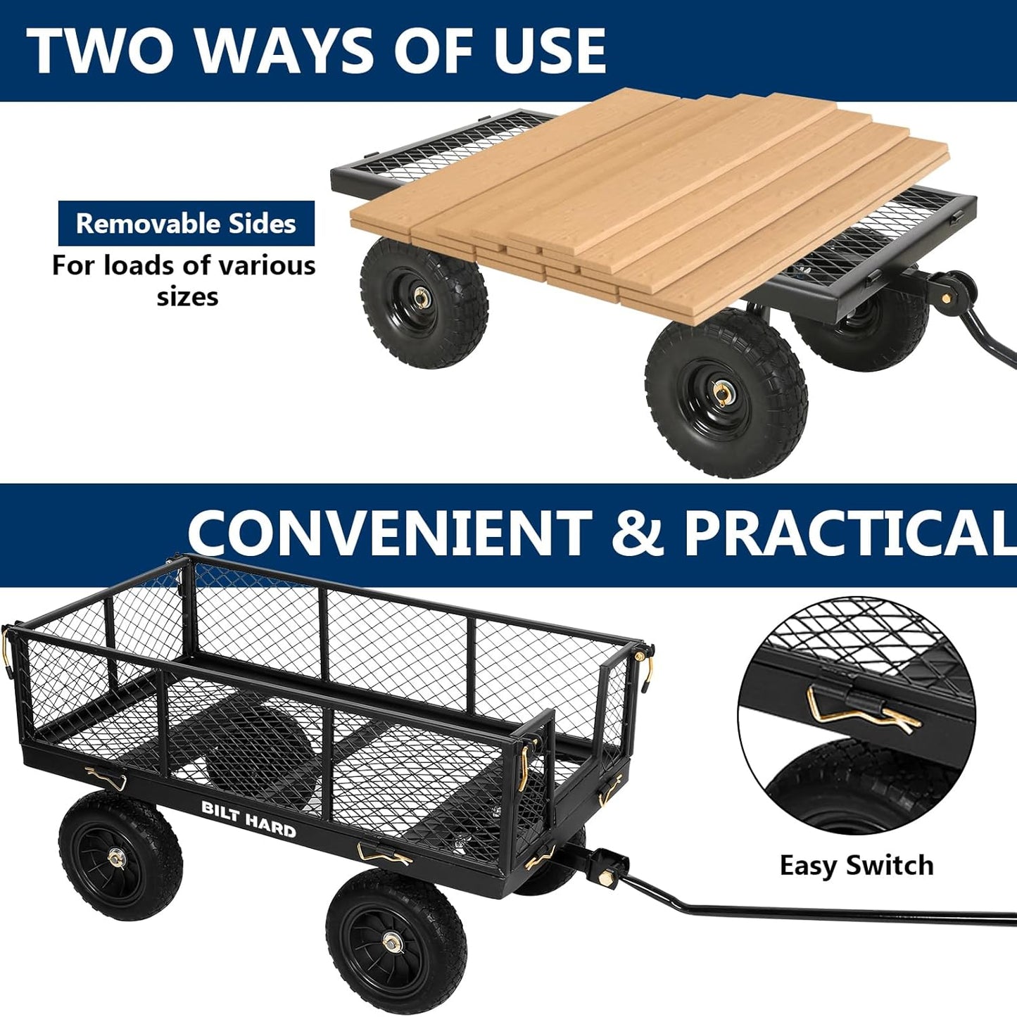 BILT HARD 10" Flat Free Tires Heavy Duty Garden Cart with 180° Rotating Handle and Removable Sides, 4 Cu.Ft 880 lbs Capacity Utility Steel Wagons for Outdoor, Yard