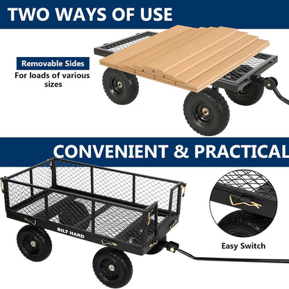 BILT HARD 10" Flat Free Tires Heavy Duty Garden Cart with 180° Rotating Handle and Removable Sides, 4 Cu.Ft 880 lbs Capacity Utility Steel Wagons for Outdoor, Yard