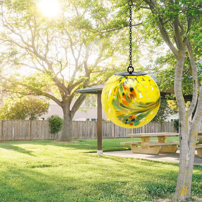 Solar Hanging Lanterns Outdoor Solar Glaze Glass Lantern Gazing Ball Globe Hanging Outdoor Lights for Garden Yard Home Decoration Yellow