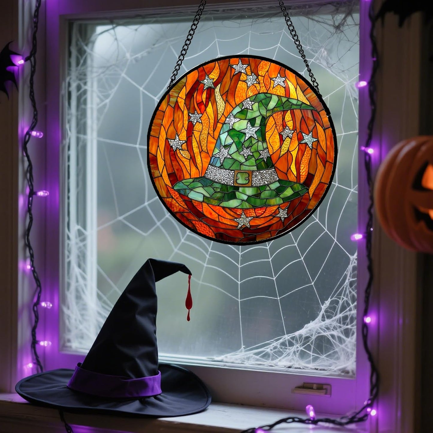 Stained Glass Window Hanging - Halloween Decorations Witch Hat Suncatcher for Doors Garden Indoor Spooky Funny Green Sun Catchers Gothic Decor Horror Gifts for Women Men Friend 7.8 in
