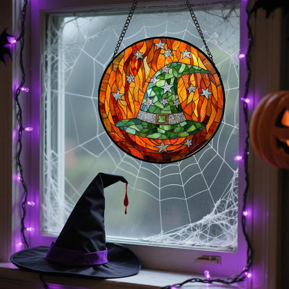 Stained Glass Window Hanging - Halloween Decorations Witch Hat Suncatcher for Doors Garden Indoor Spooky Funny Green Sun Catchers Gothic Decor Horror Gifts for Women Men Friend 11.8 in