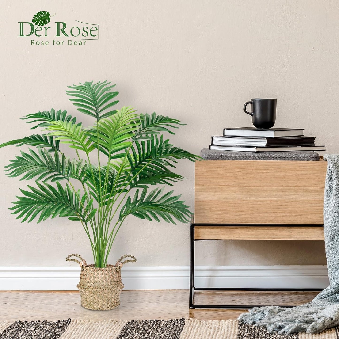 Der Rose Fake Palm Tree 28Inch Faux Plant Potted Tall Fake Plant with Hand-Woven Baskets Artificial Tree for Indoor Outdoor Home Office Bedroom Porch Balcony Decor