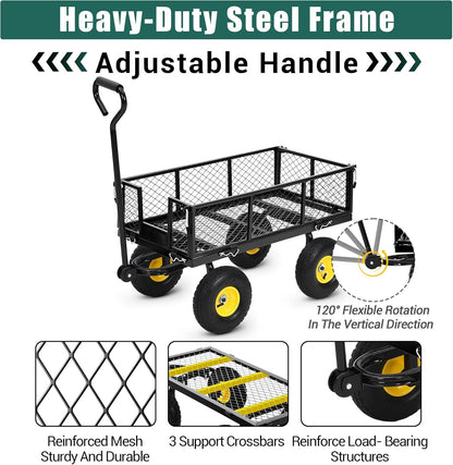 Heavy Duty Garden Cart On Wheels - 880LBS Metal Wagon with 10" Pneumatic Wheels, 180° Rotating Handle & Removable Sides - All-Terrain Yard Wagon for Farm, Beach & Outdoor Use