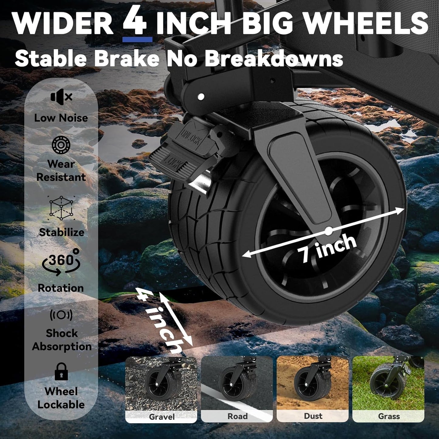 FUNDANGO 600lbs Heavy Duty Wagon, Foldable Beach Collapsible Wagons Garden Cart with Brakes, Side Pockets & All-Terrain Big Wheels for Sports Camping Shopping Groceries, Black