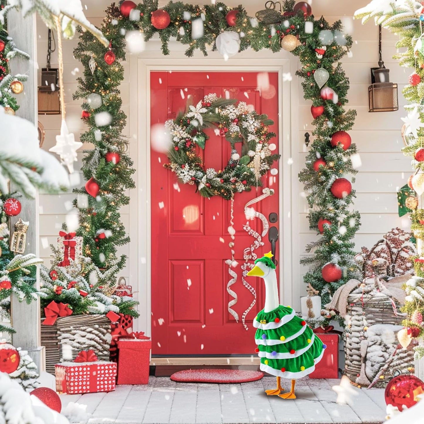 RAWILL 1PC Christmas Porch Goose Outfits,Old Lady Goose Santa Clothes for 23'' High Cement or Plastic Porch Costume for Yard Lawn Outdoor Garden Patio Xmas Holiday Decor (Green)